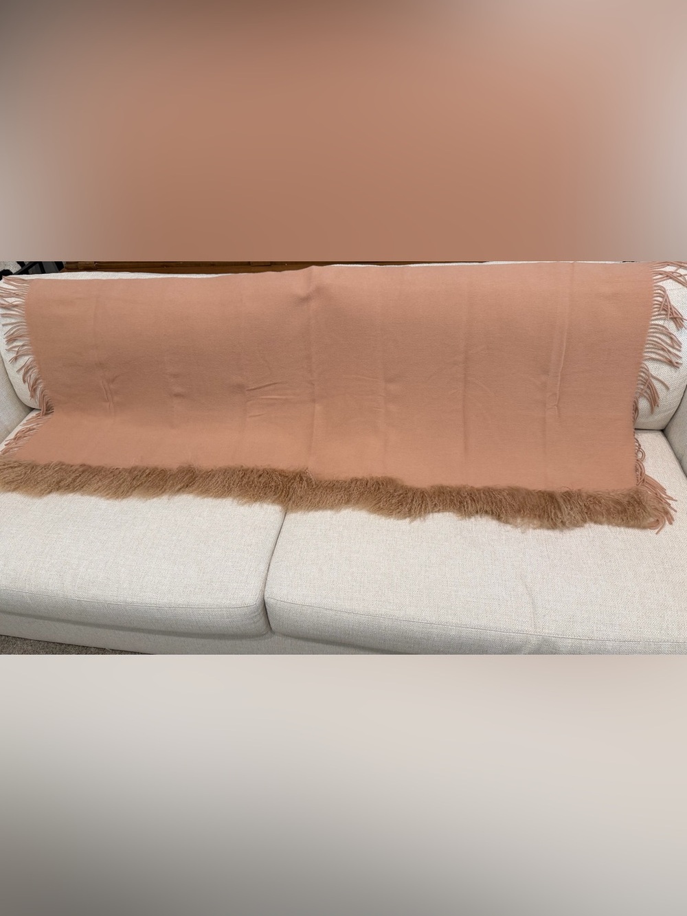 EUC - Camel wool wrap with fringe and shearling. 62 x 26 inches
